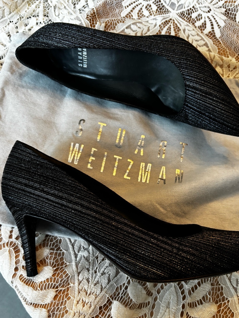 Stuart Weitzman Black Ribbed Pointed-Toe Pump - Picture 2 of 13